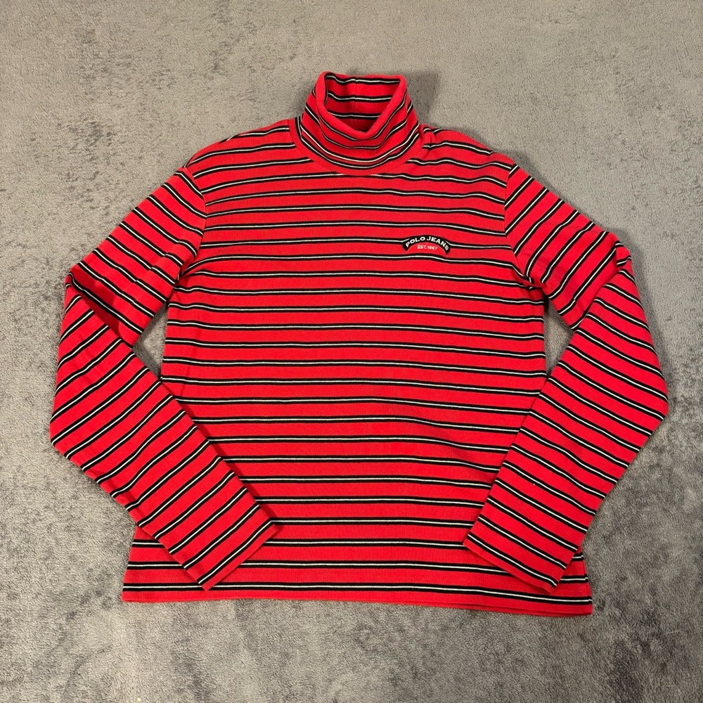Polo Jeans Ralph Lauren Striped Turtleneck Red Black White Cotton Top Large